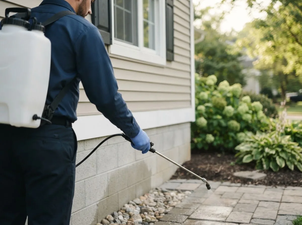 Pest control technician inspecting a home in South Bend, NE